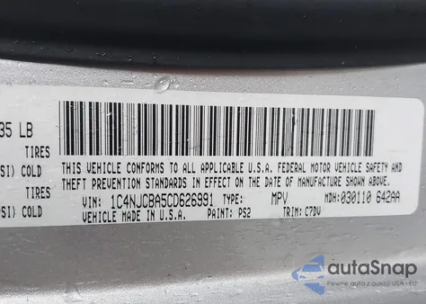 2012 Jeep Compass Sport z USA, uszkodzony, nr VIN 1C4NJCBA5CD626991